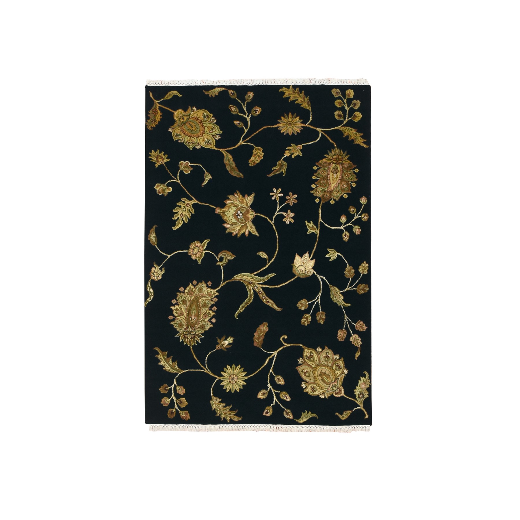 Midnight Black, Borderless Botanical Design, Half Wool and Half Silk, Densely Woven, Soft Pile, Hand Knotted, Oriental Rug
